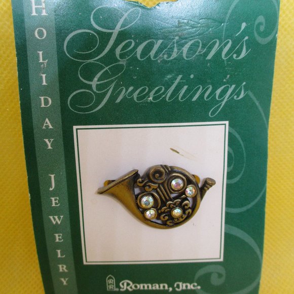 2002 Roman Inc Christmas AB French Horn Brooch Roman Inc Seasons Greetings Pin - Picture 2 of 12